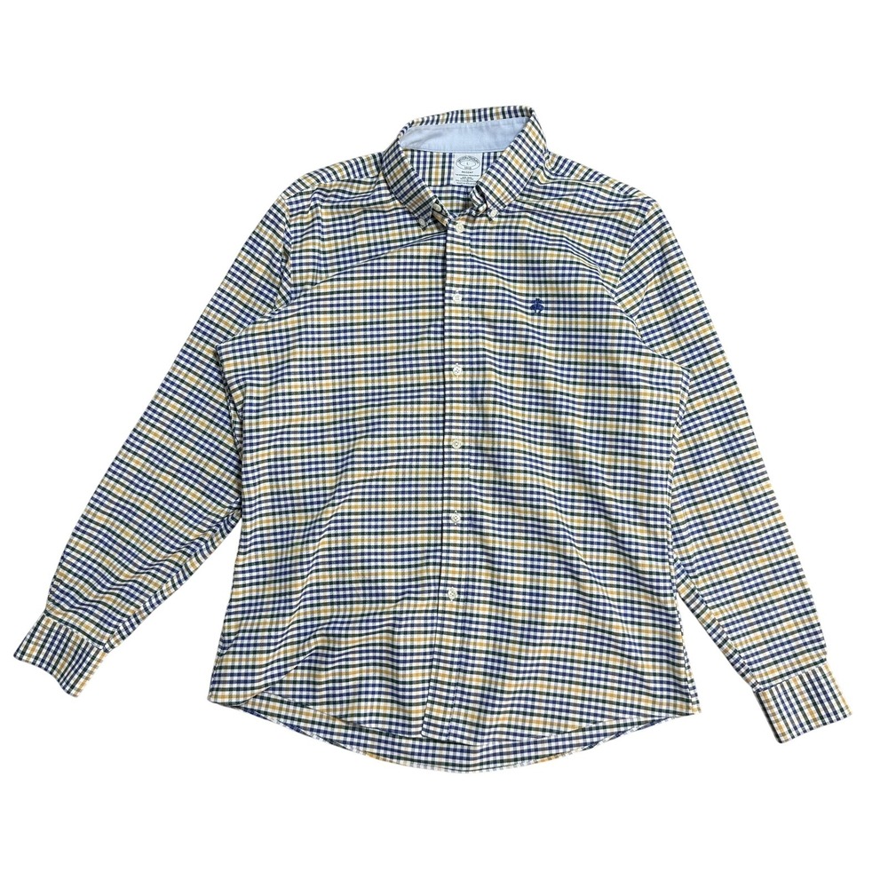Brooks Brothers Shirt Button-Down Mens‎ Large Blue Check Regent Non-Iron Stretch